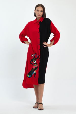Rochie camasa oversize rosu-negru cu broderie silueta fata africana, din vascoza [9]