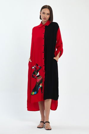 Rochie camasa oversize rosu-negru cu broderie silueta fata africana, din vascoza [7]