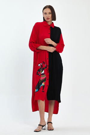 Rochie camasa oversize rosu-negru cu broderie silueta fata africana, din vascoza [3]