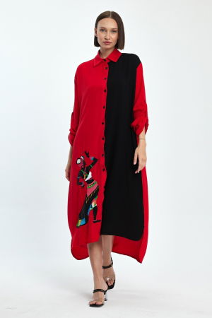 Rochie camasa oversize rosu-negru cu broderie silueta fata africana, din vascoza [8]