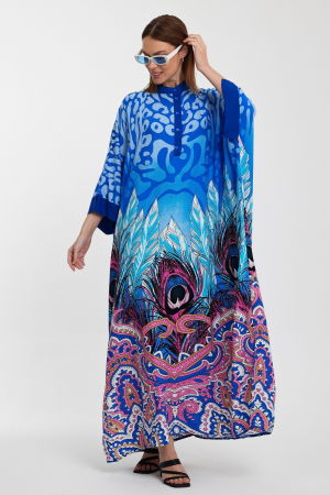 Rochie camasa oversize cu imprimeu paun, albastra [3]