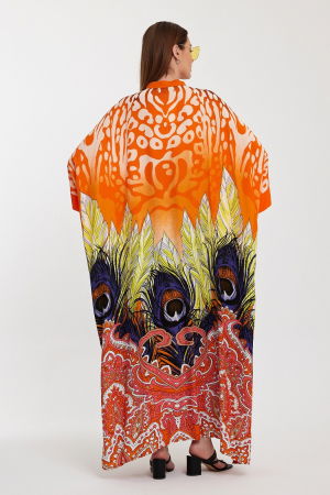 Rochie camasa oversize cu imprimeu paun, portocalie [2]