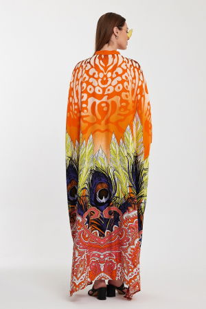 Rochie camasa oversize cu imprimeu paun, portocalie [3]