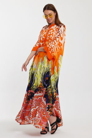 Rochie camasa oversize cu imprimeu paun, portocalie [1]