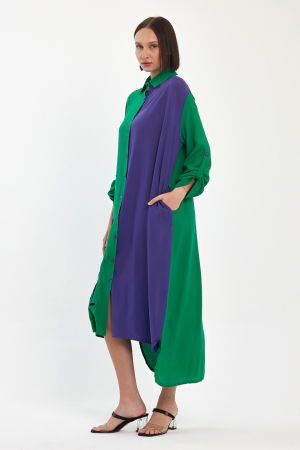 Rochie camasa oversize verde-mov cu broderie silueta fata africana, din vascoza [3]