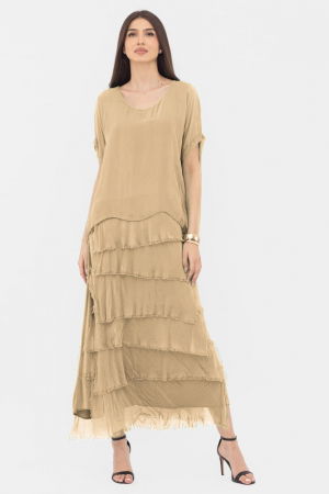 Rochie camel deschis din matase si vascoza cu  volane franjurate suprapuse [1]