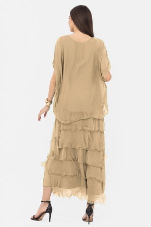 Rochie camel deschis din matase si vascoza cu  volane franjurate suprapuse [2]