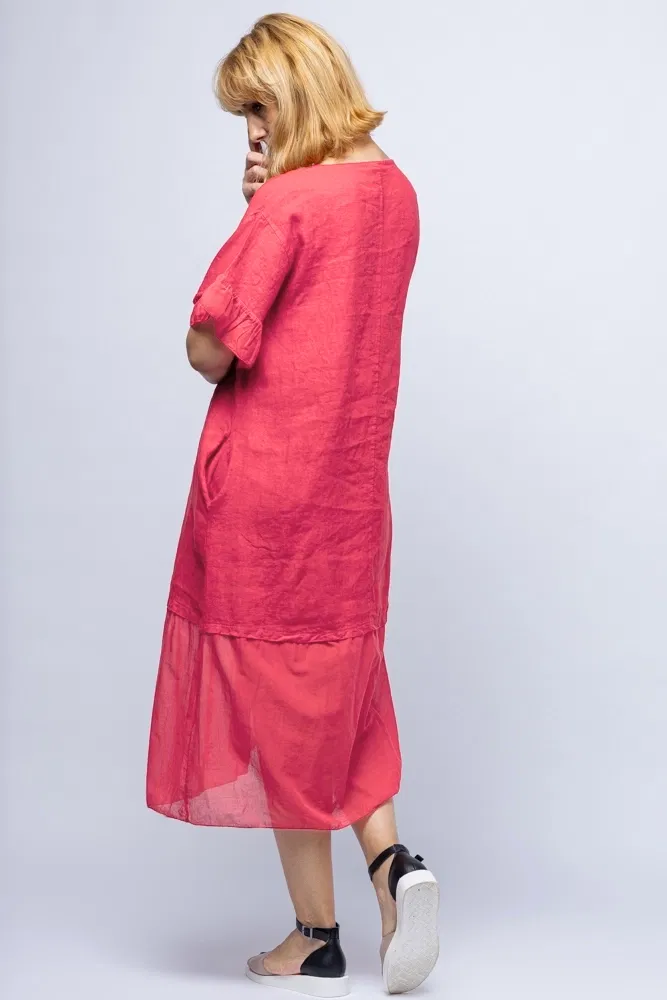 Rochie casual corai din in, cu siret oblic si volan la maneci [1]