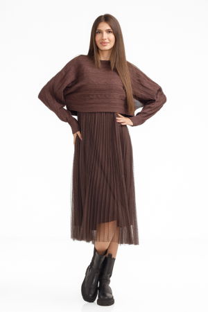 Rochii Casual - Rochie suprapusa din tulle cu bulinute cu puloveras cu model, maro