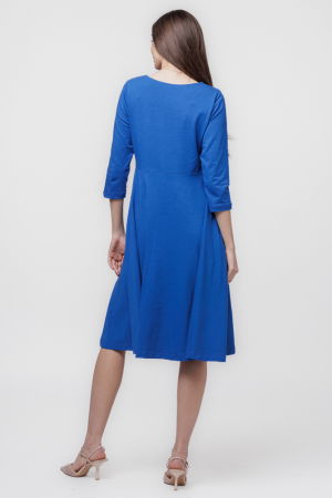 Rochie clos, taiata in talie, cu buzunare ascunse, din bumbac, albastra [2]