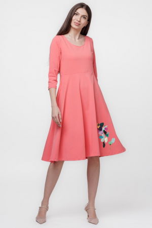 Rochii Casual - Rochie clos, taiata in talie, cu buzunare ascunse, din bumbac, corai cu imprimeu floare stilizata