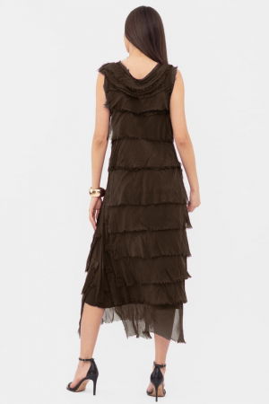 Rochie maro inchis din matase si vascoza cu  volane franjurate suprapuse, fara maneci [2]