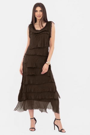 ÎMBRĂCĂMINTE - Rochie maro inchis din matase si vascoza cu  volane franjurate suprapuse, fara maneci