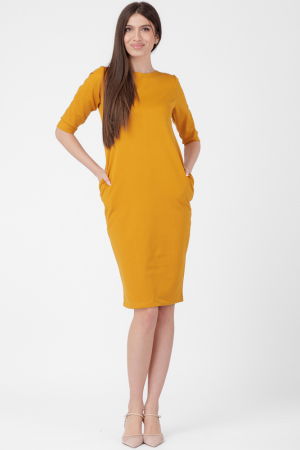 Rochii - Rochie creion " Zara " mustar , din jerseu punto milano de vascoza