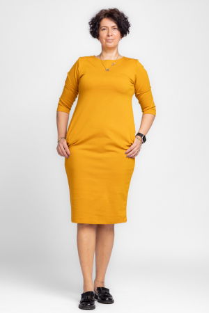 Rochii Elegante & Office - Rochie creion " Zara " mustar , din jerseu punto milano de vascoza