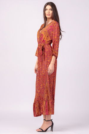 Rochie cu bust petrecut, din matase indiana, cu imprimeu oriental portocaliu-fucsia [2]