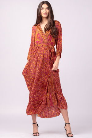 Rochii din Mătase si Vâscoză - Rochie cu bust petrecut, din matase indiana, cu imprimeu oriental portocaliu-fucsia