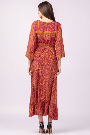 Rochie cu bust petrecut, din matase indiana, cu imprimeu oriental portocaliu-fucsia [3]