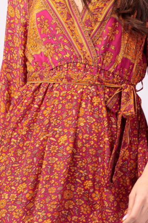 Rochie cu bust petrecut, din matase indiana, cu imprimeu oriental portocaliu-fucsia [4]