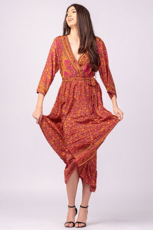 Rochie cu bust petrecut, din matase indiana, cu imprimeu oriental portocaliu-fucsia [1]