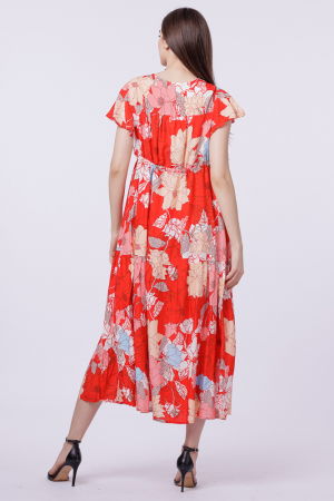 Rochie cu bust petrecut si imprimeu floral pe fond rosu [2]