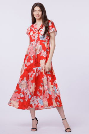 Îmbrăcăminte - Rochie cu bust petrecut si imprimeu floral pe fond rosu