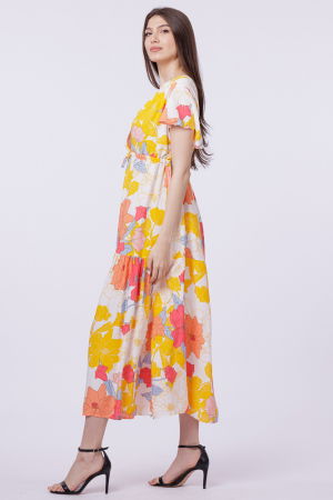 Rochie cu bust petrecut si imprimeu floral pe fond galben [1]