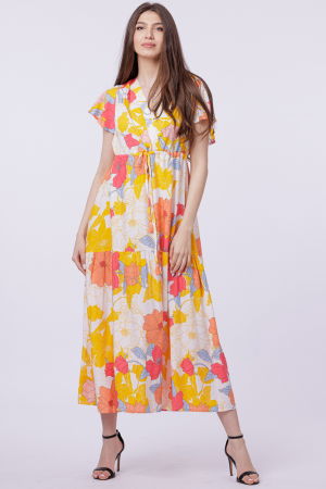 Îmbrăcăminte - Rochie cu bust petrecut si imprimeu floral pe fond galben