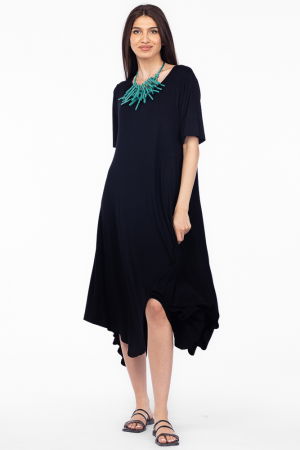 Rochie cu colturi rotunjite, din tricot de vascoza, neagra [1]