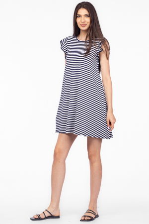 Rochie scurta A-line, din tricot de vascoza, imprimeu dungi alb-bleumarin [1]