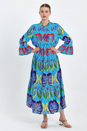Rochii - Rochie cu imprimeu boho  pe fond albastru, din vascoza