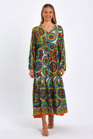 Rochie cu imprimeu mandale si maneci bufante, din vascoza, cu portocaliu [4]