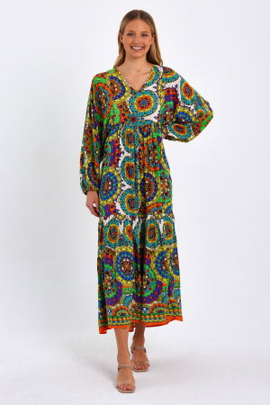 Rochie cu imprimeu mandale si maneci bufante, din vascoza, cu portocaliu [2]