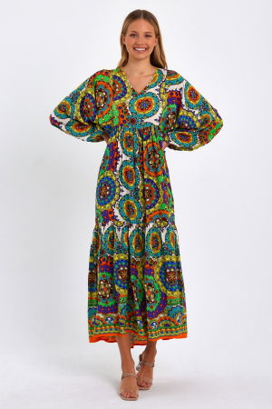 Rochie cu imprimeu mandale si maneci bufante, din vascoza, cu portocaliu [3]