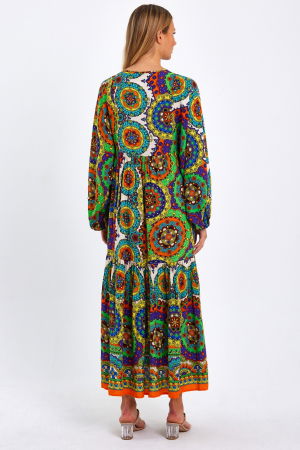 Rochie cu imprimeu mandale si maneci bufante, din vascoza, cu portocaliu [8]