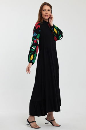 Rochie neagra cu imprimeu cauciucat cu papagali si maneci bufante, din vascoz [7]