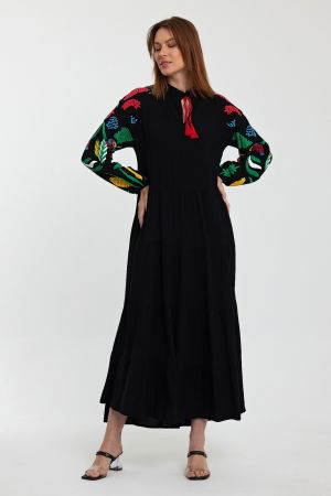 Rochie neagra cu imprimeu cauciucat cu papagali si maneci bufante, din vascoz [4]