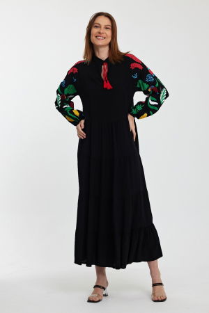 Rochie neagra cu imprimeu cauciucat cu papagali si maneci bufante, din vascoz [6]