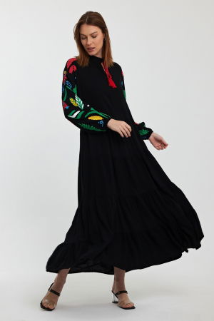 Rochie neagra cu imprimeu cauciucat cu papagali si maneci bufante, din vascoz [1]