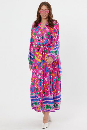 Rochie cu imprimeu marin pe fond fucsia, din vascoza [2]