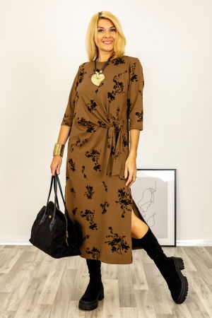 Rochie cu nod intr-o parte imprimata cu flori embosate si catifelate, din jerseu de bumbac camel [1]