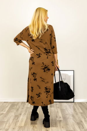 Rochie cu nod intr-o parte imprimata cu flori embosate si catifelate, din jerseu de bumbac camel [2]