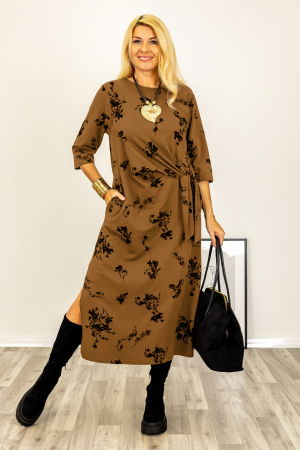 Rochii Casual - Rochie cu nod intr-o parte imprimata cu flori embosate si catifelate, din jerseu de bumbac camel