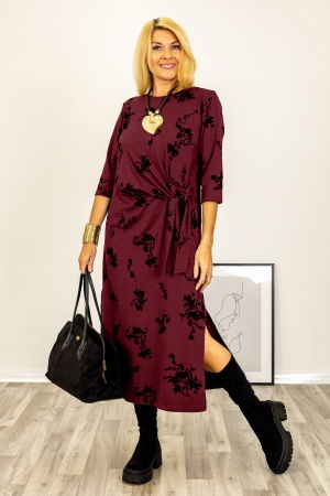 Rochie cu nod intr-o parte imprimata cu flori embosate si catifelate, din jerseu de bumbac bordo [1]