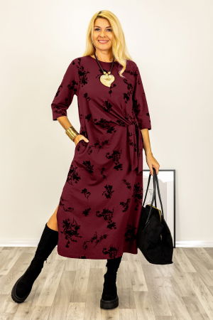 Rochii Casual - Rochie cu nod intr-o parte imprimata cu flori embosate si catifelate, din jerseu de bumbac bordo
