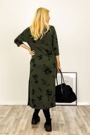 Rochie cu nod intr-o parte imprimata cu flori embosate si catifelate, din jerseu de bumbac kaki [2]