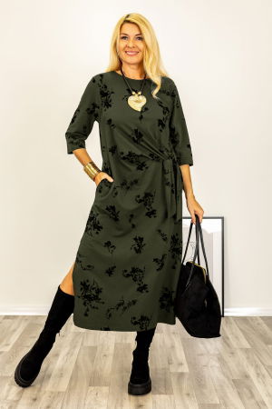 Rochii Casual - Rochie cu nod intr-o parte imprimata cu flori embosate si catifelate, din jerseu de bumbac kaki