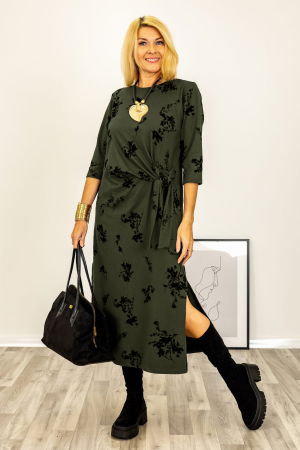 Rochie cu nod intr-o parte imprimata cu flori embosate si catifelate, din jerseu de bumbac kaki [1]