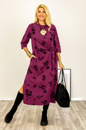 Rochii Casual - Rochie cu nod intr-o parte imprimata cu flori embosate si catifelate, din jerseu de bumbac magenta