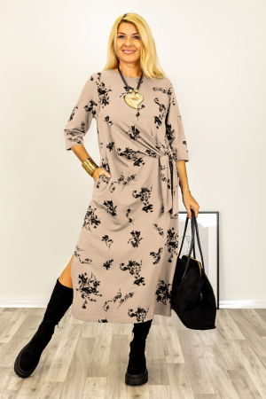 Rochii Casual - Rochie cu nod intr-o parte imprimata cu flori embosate si catifelate, din jerseu de bumbac bej